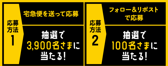 応募方法1 宅急便を送って応募 抽選で3,900名さまに当たる! / 応募方法2 フォロー&リポストで応募 抽選で100名さまに当たる!